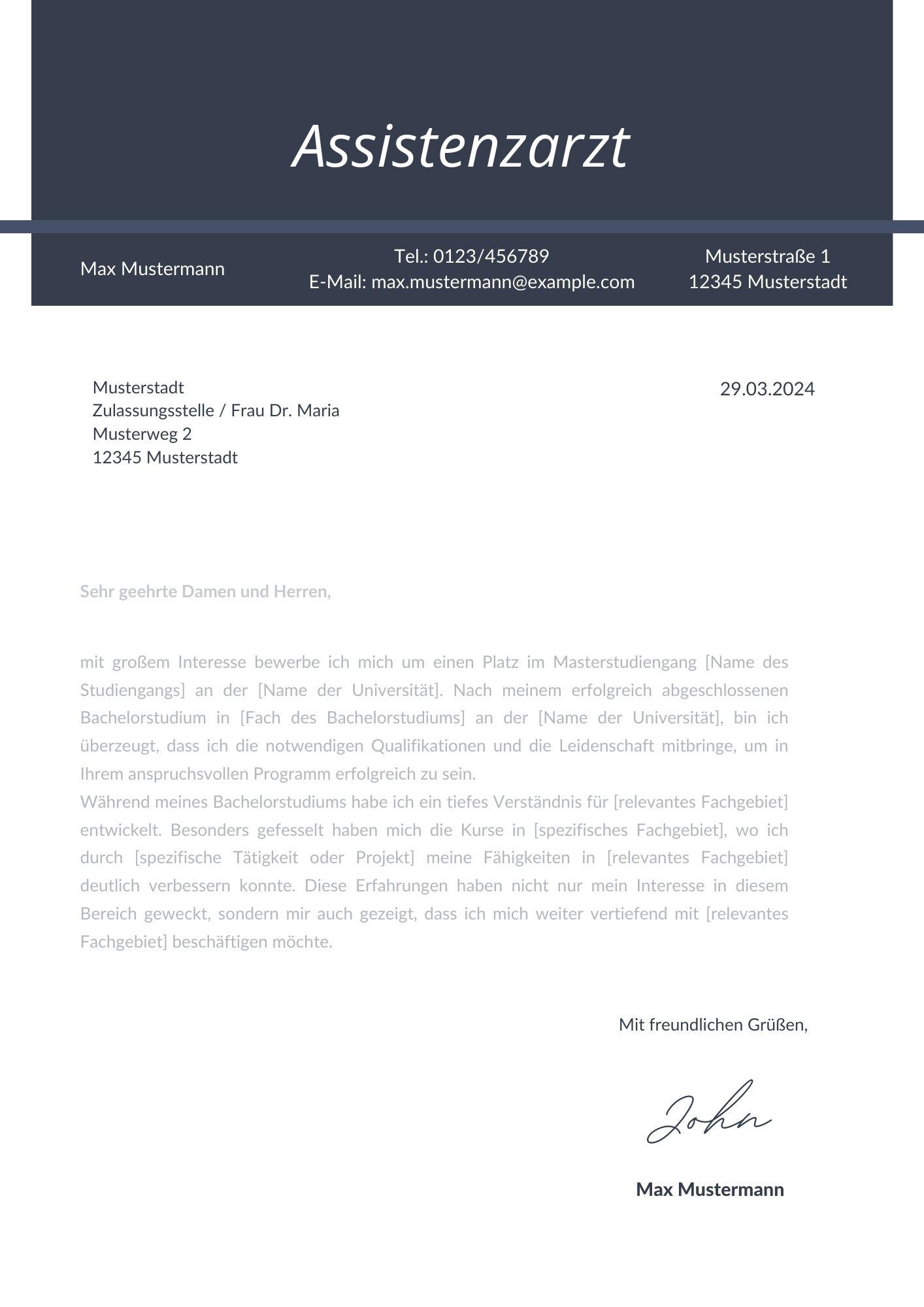 Motivationsschreiben Assistenzarzt