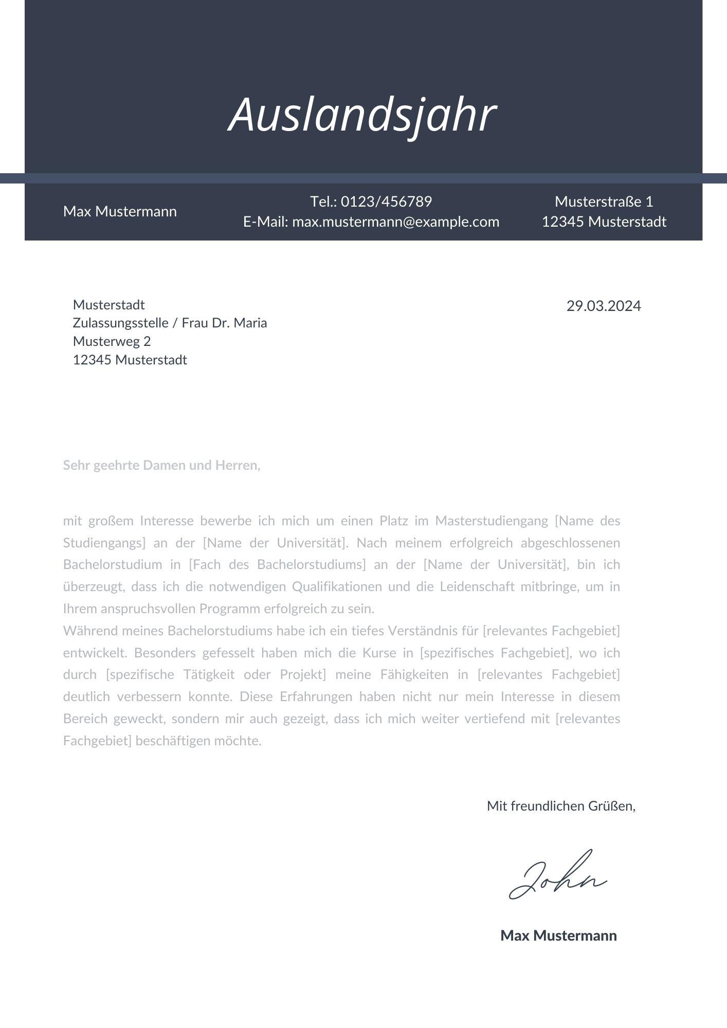 Motivationsschreiben Auslandsjahr