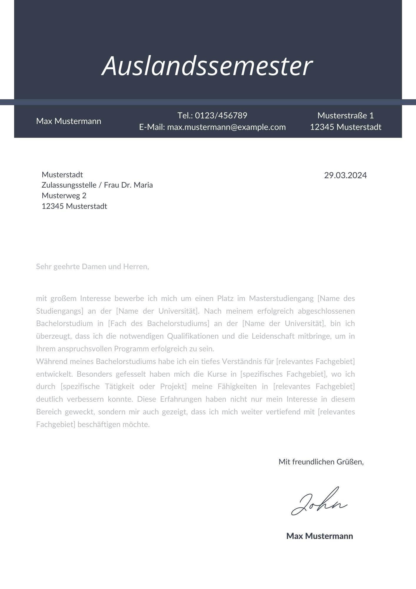 Motivationsschreiben Auslandssemester