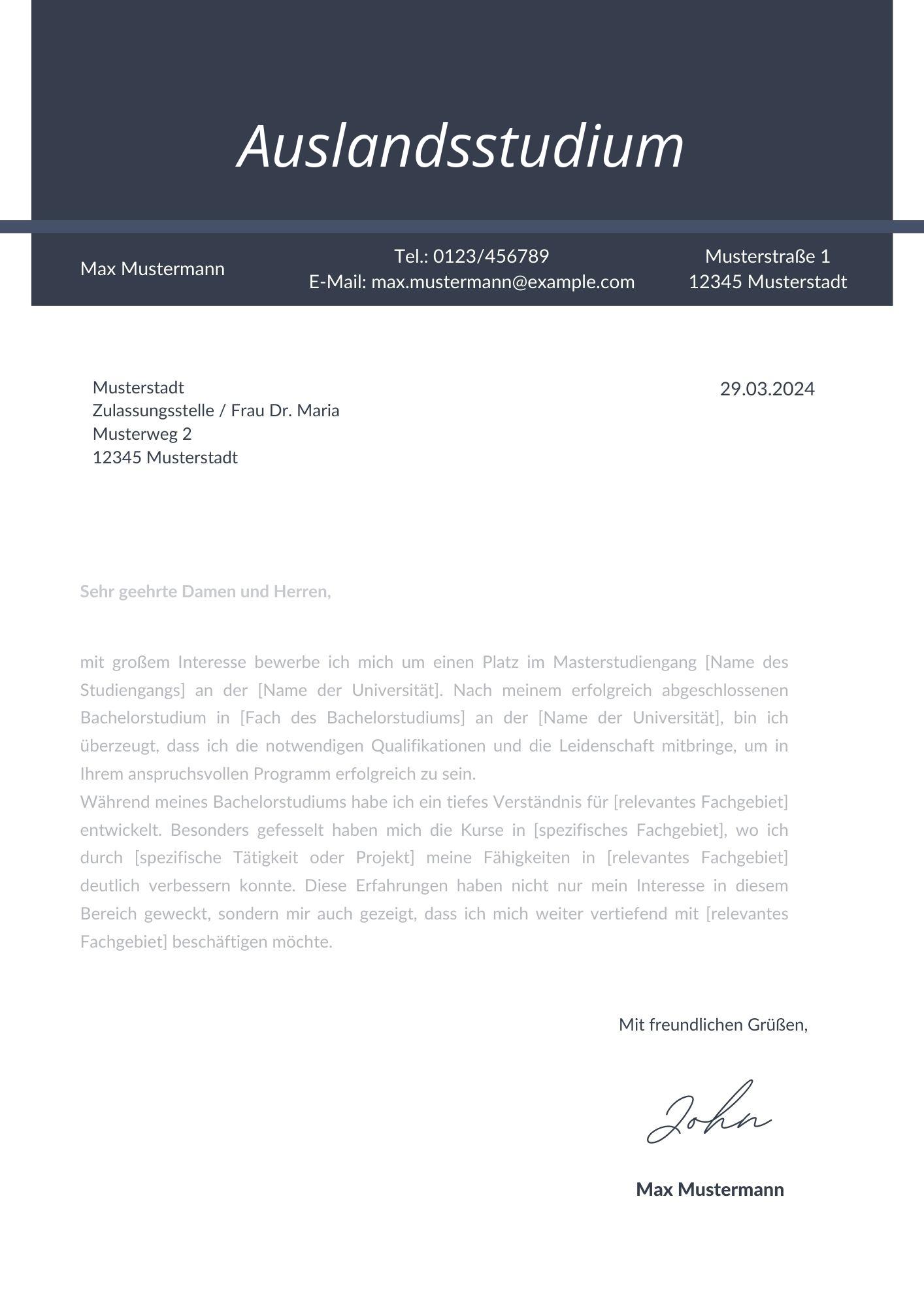 Motivationsschreiben Auslandsstudium