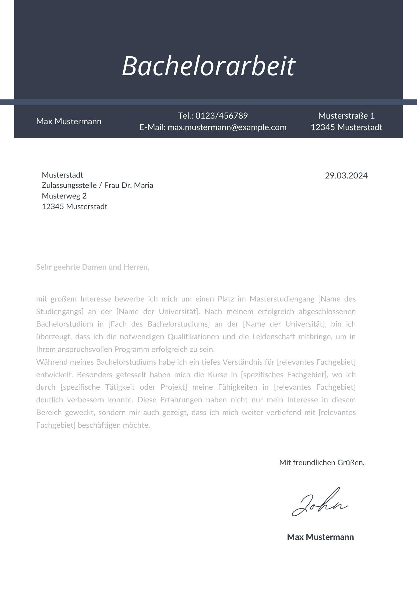 Motivationsschreiben Bachelorarbeit