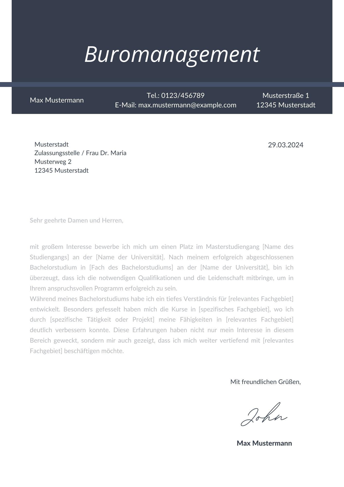 Motivationsschreiben Büromanagement