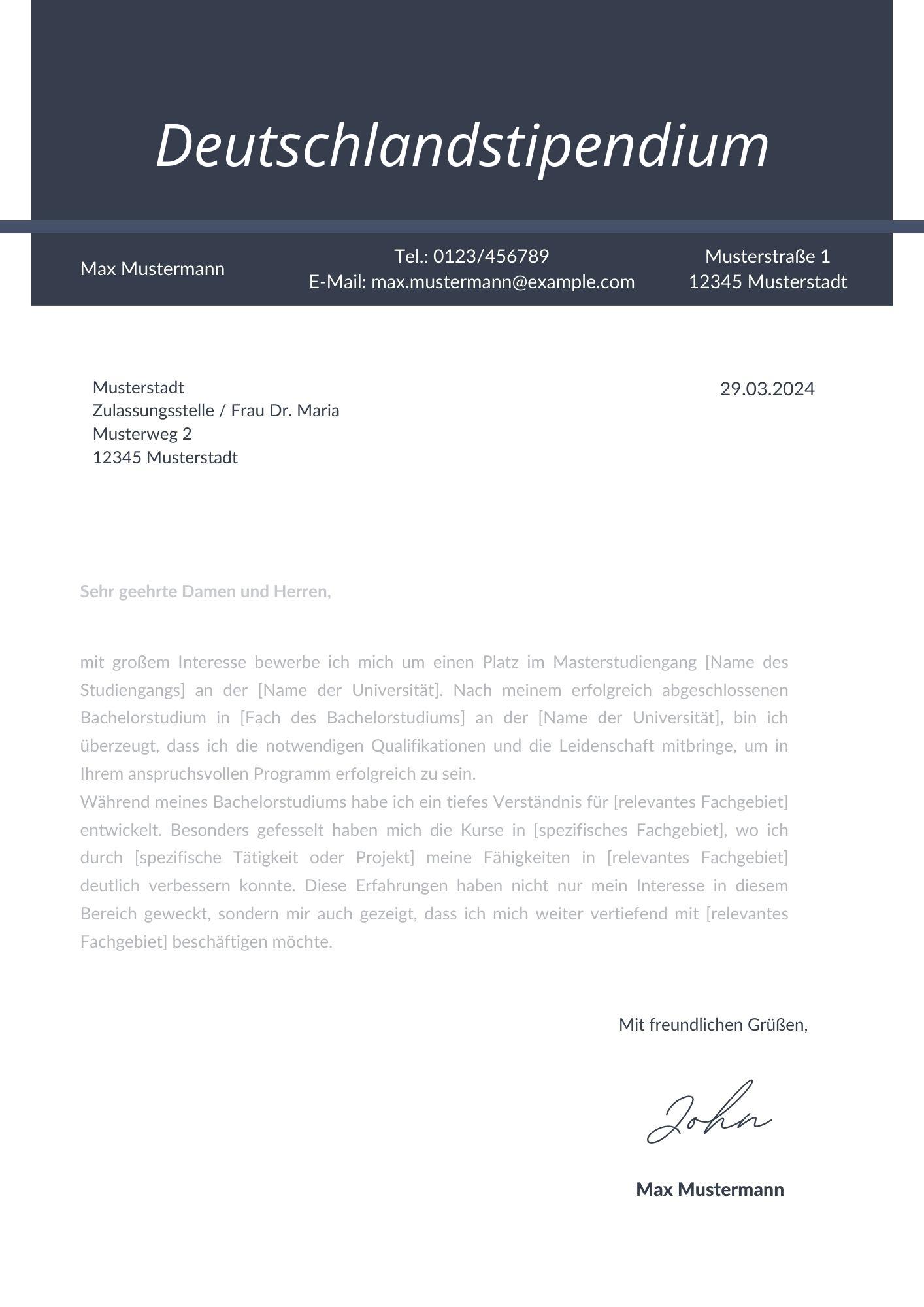 Deutschlandstipendium Motivationsschreiben