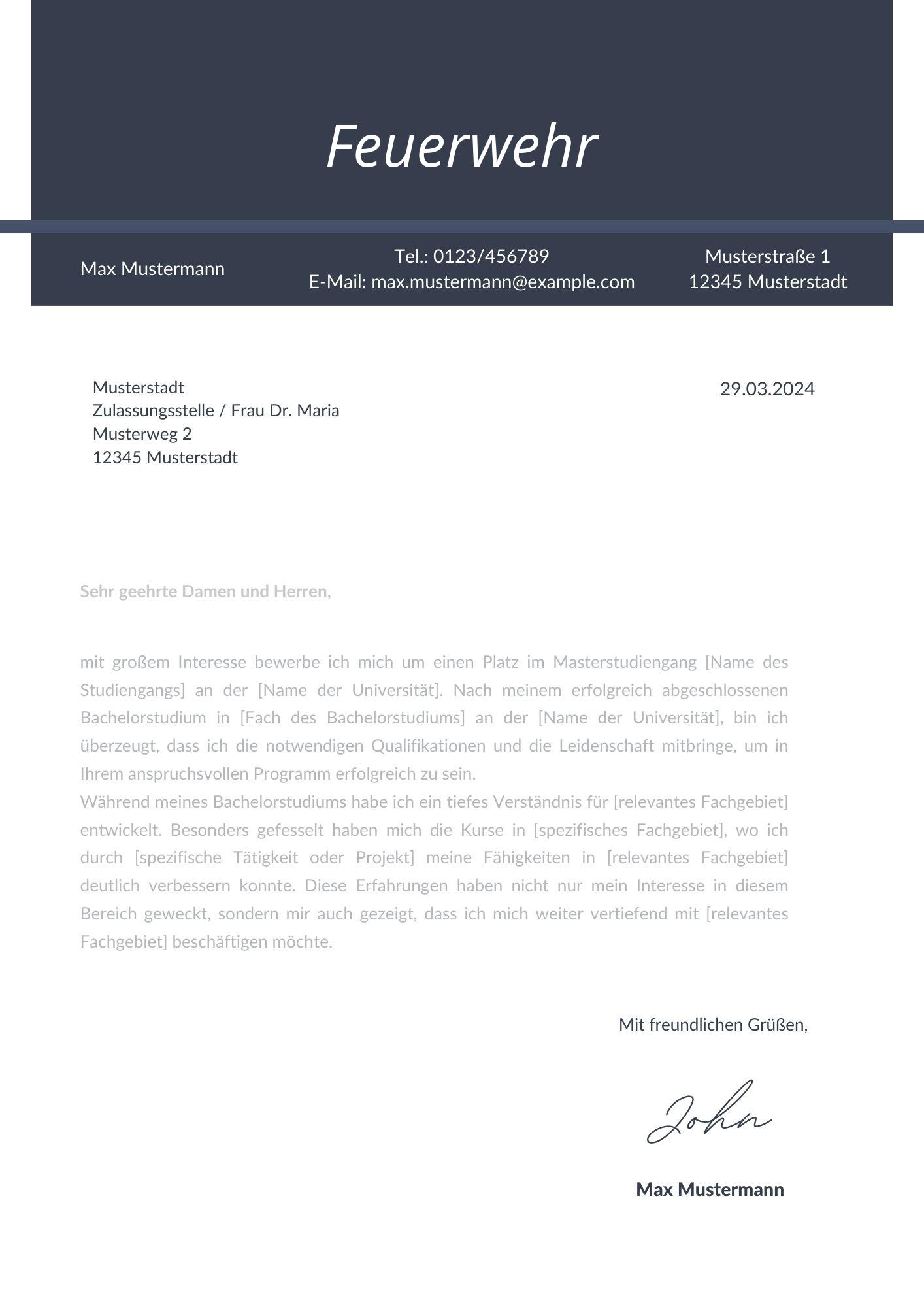 Motivationsschreiben Feuerwehr