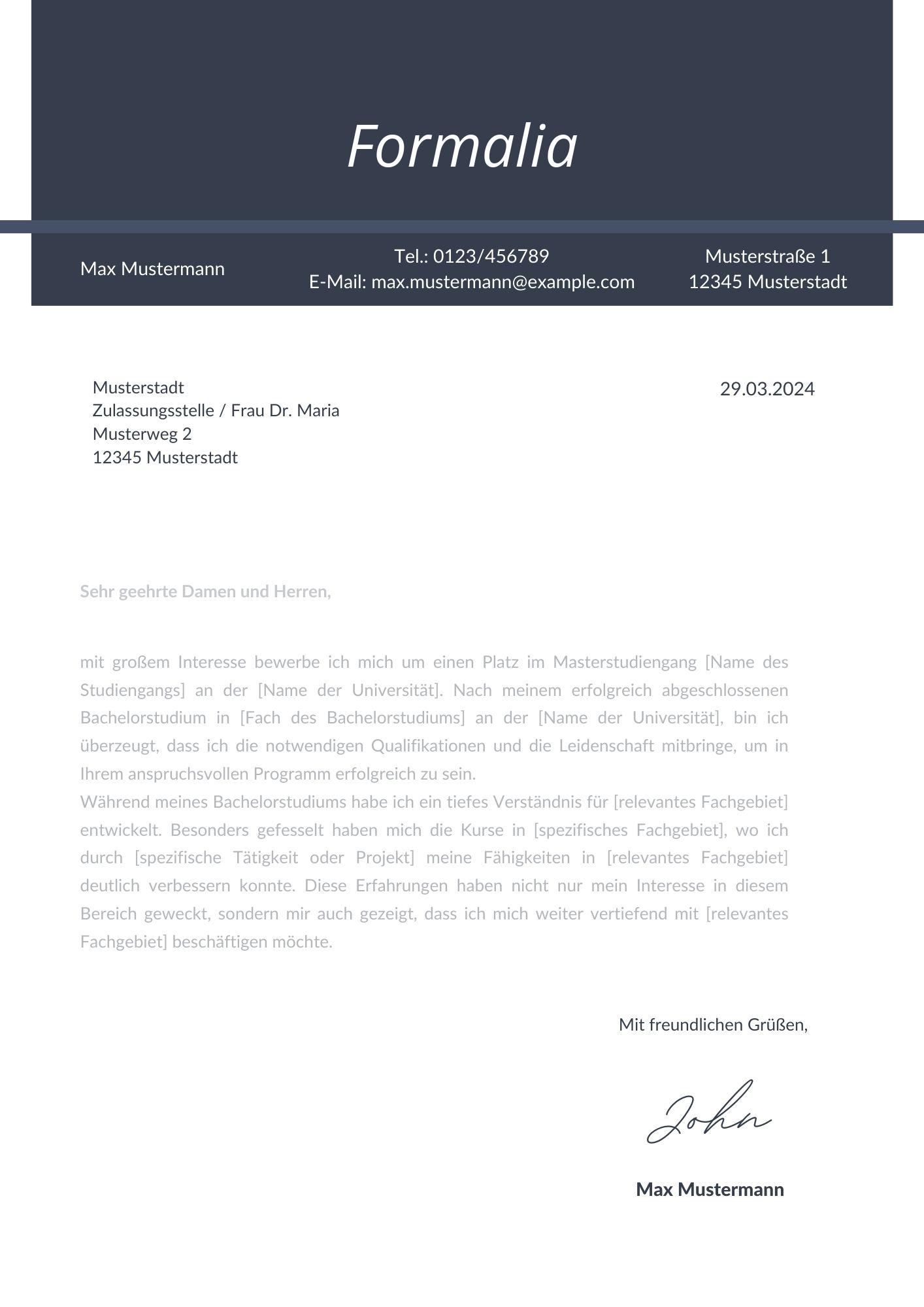 Motivationsschreiben Formalia
