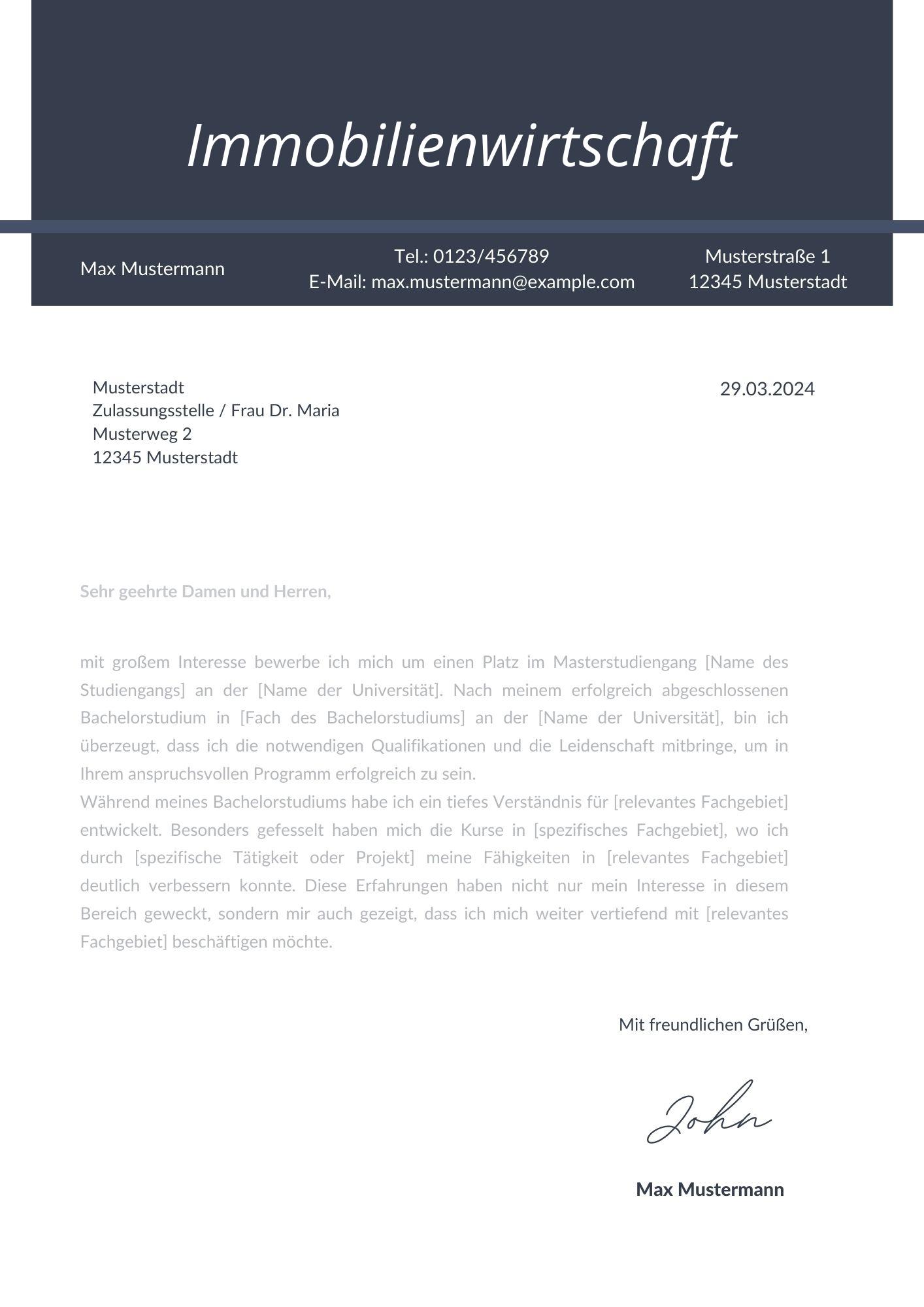 Motivationsschreiben Immobilienwirtschaft