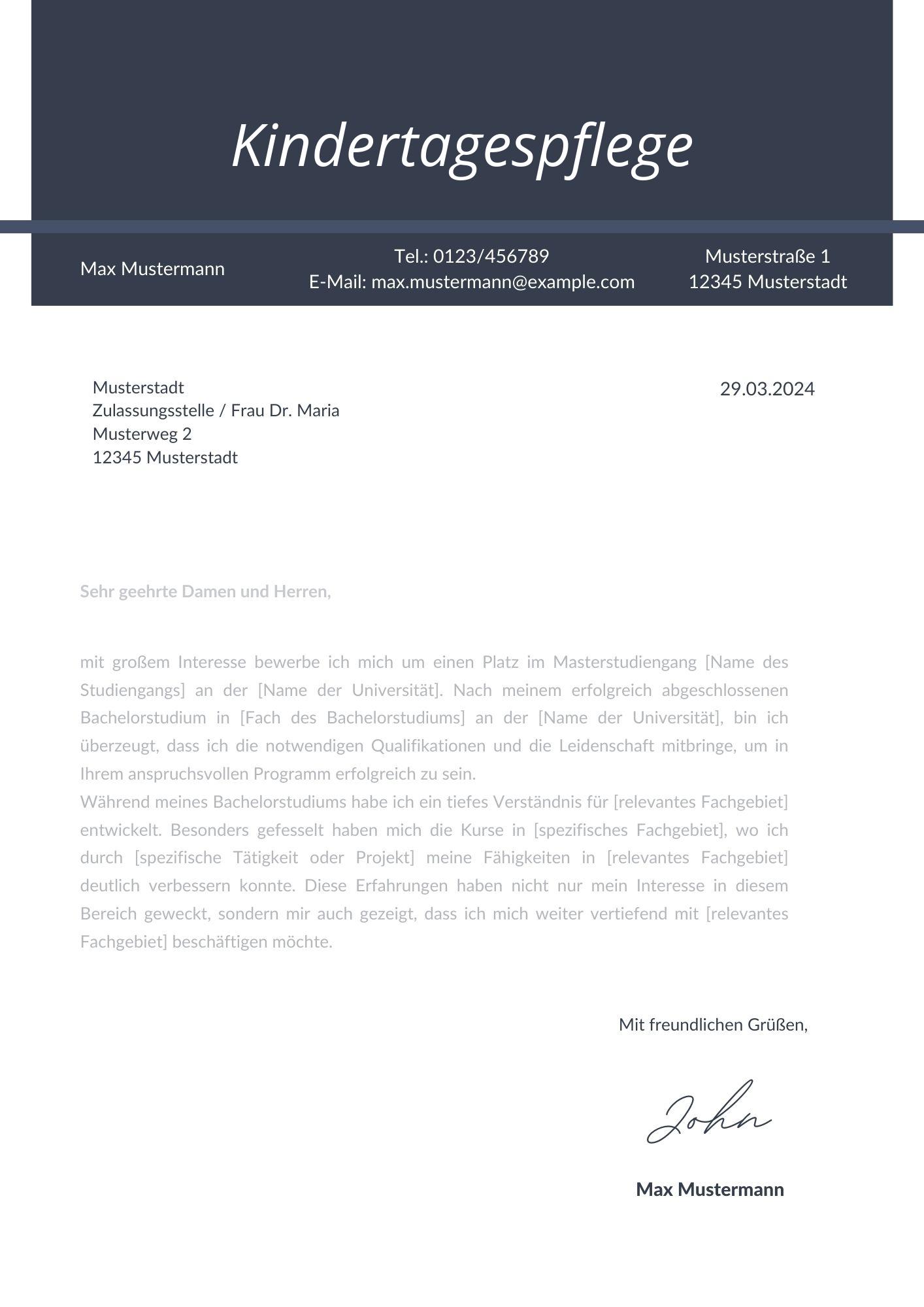 Motivationsschreiben Kindertagespflege