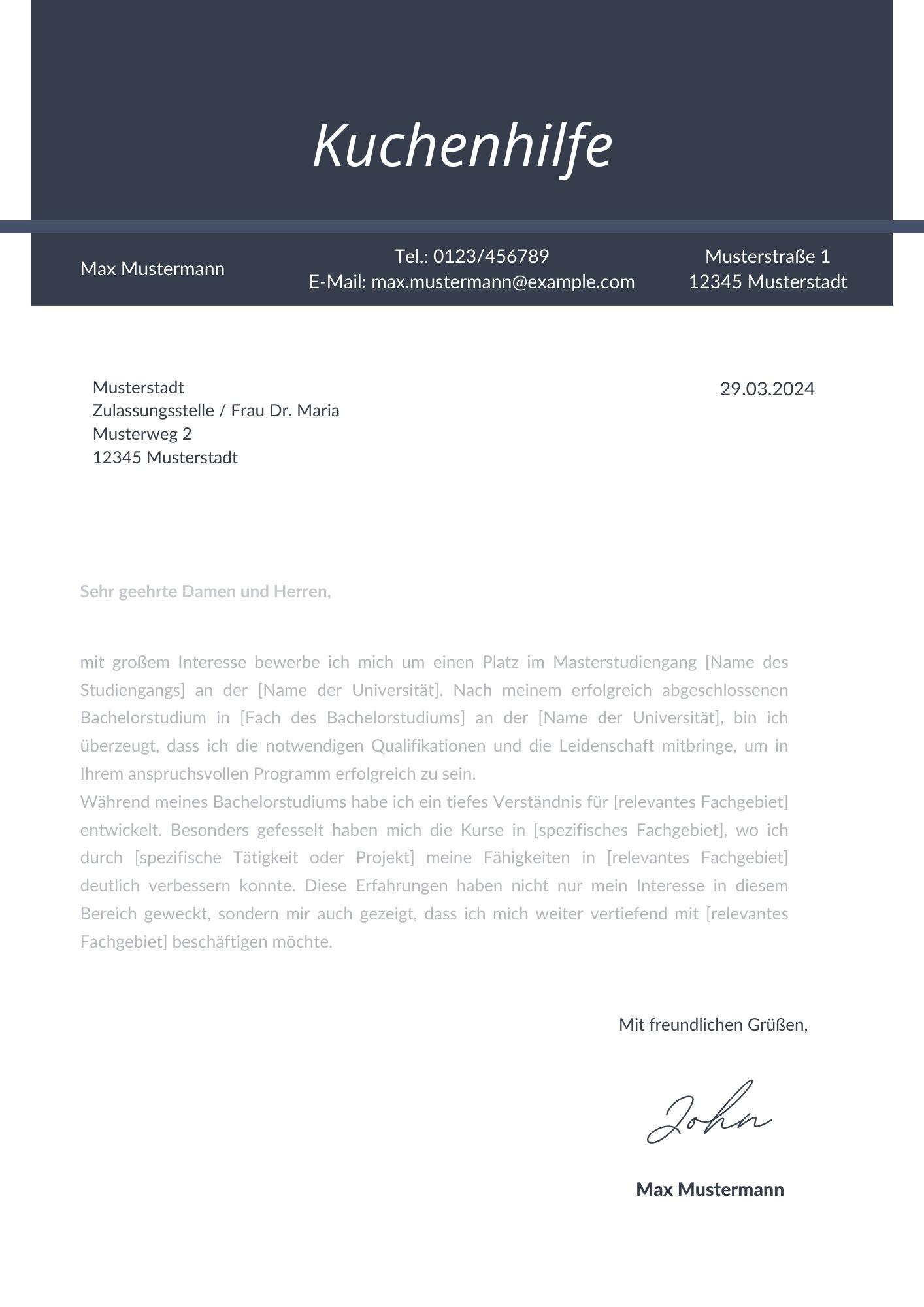 Motivationsschreiben Küchenhilfe