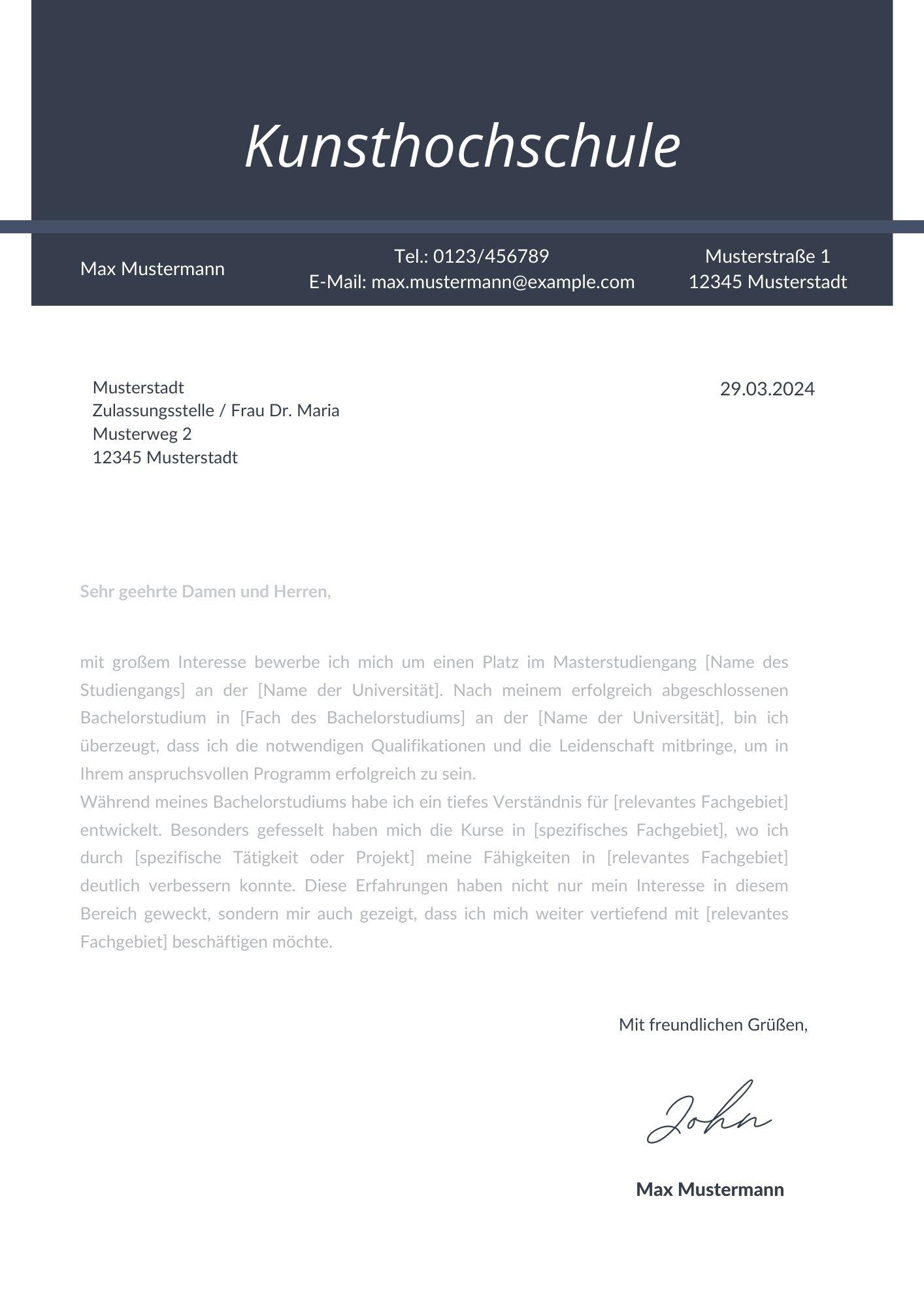 Motivationsschreiben Kunsthochschule