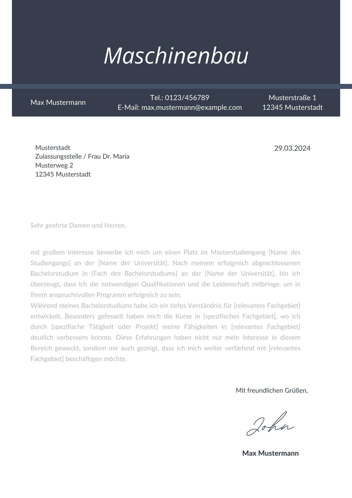 Motivationsschreiben Maschinenbau