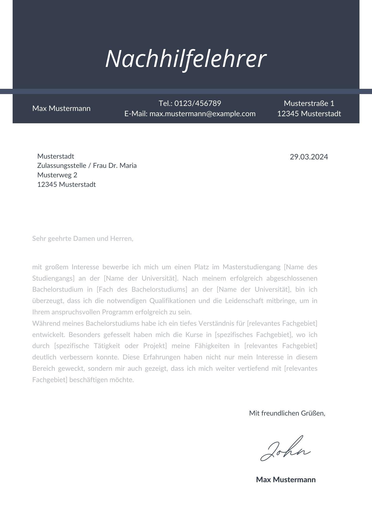 Motivationsschreiben Nachhilfelehrer