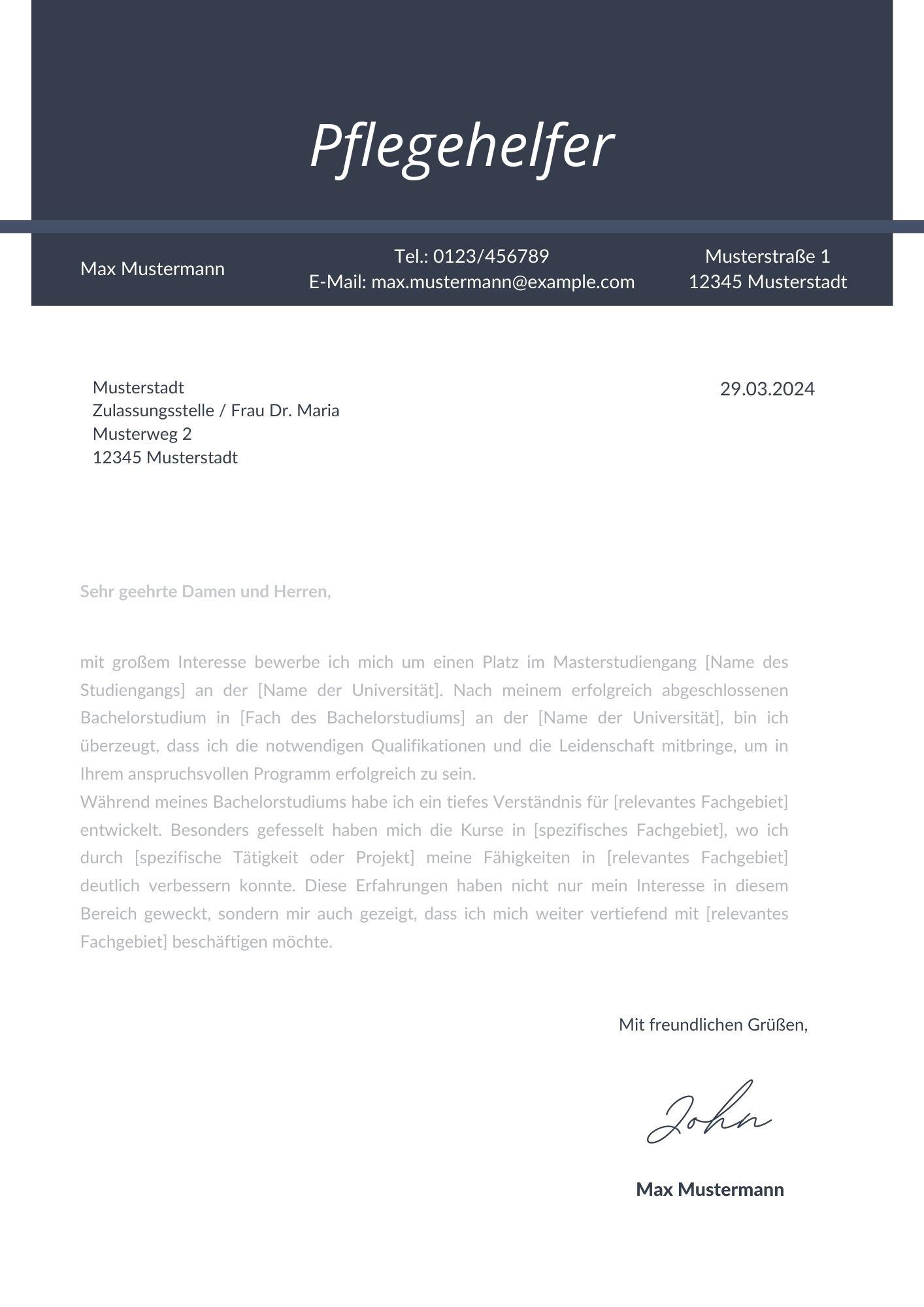 Motivationsschreiben Pflegehelfer