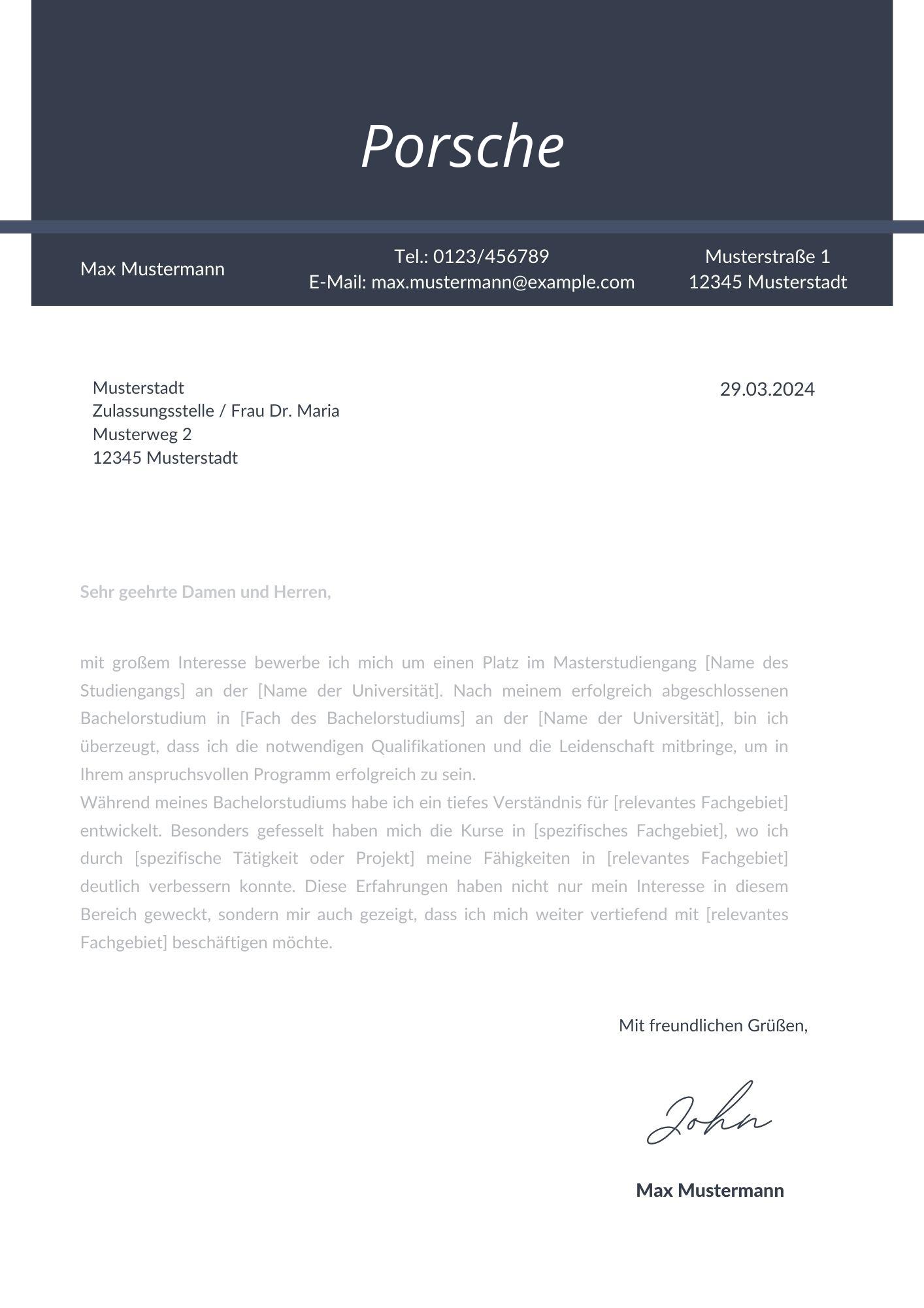 Motivationsschreiben Porsche