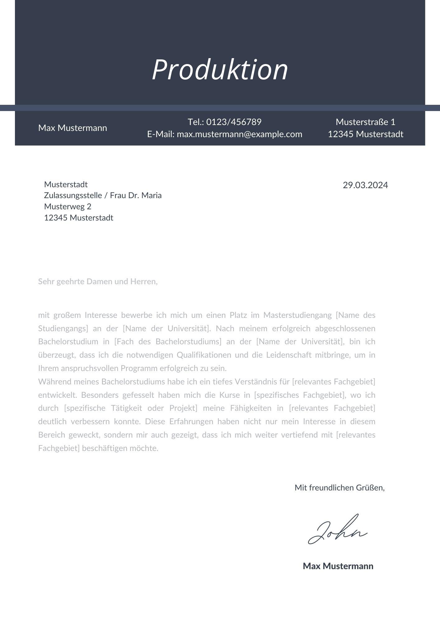 Motivationsschreiben Produktion