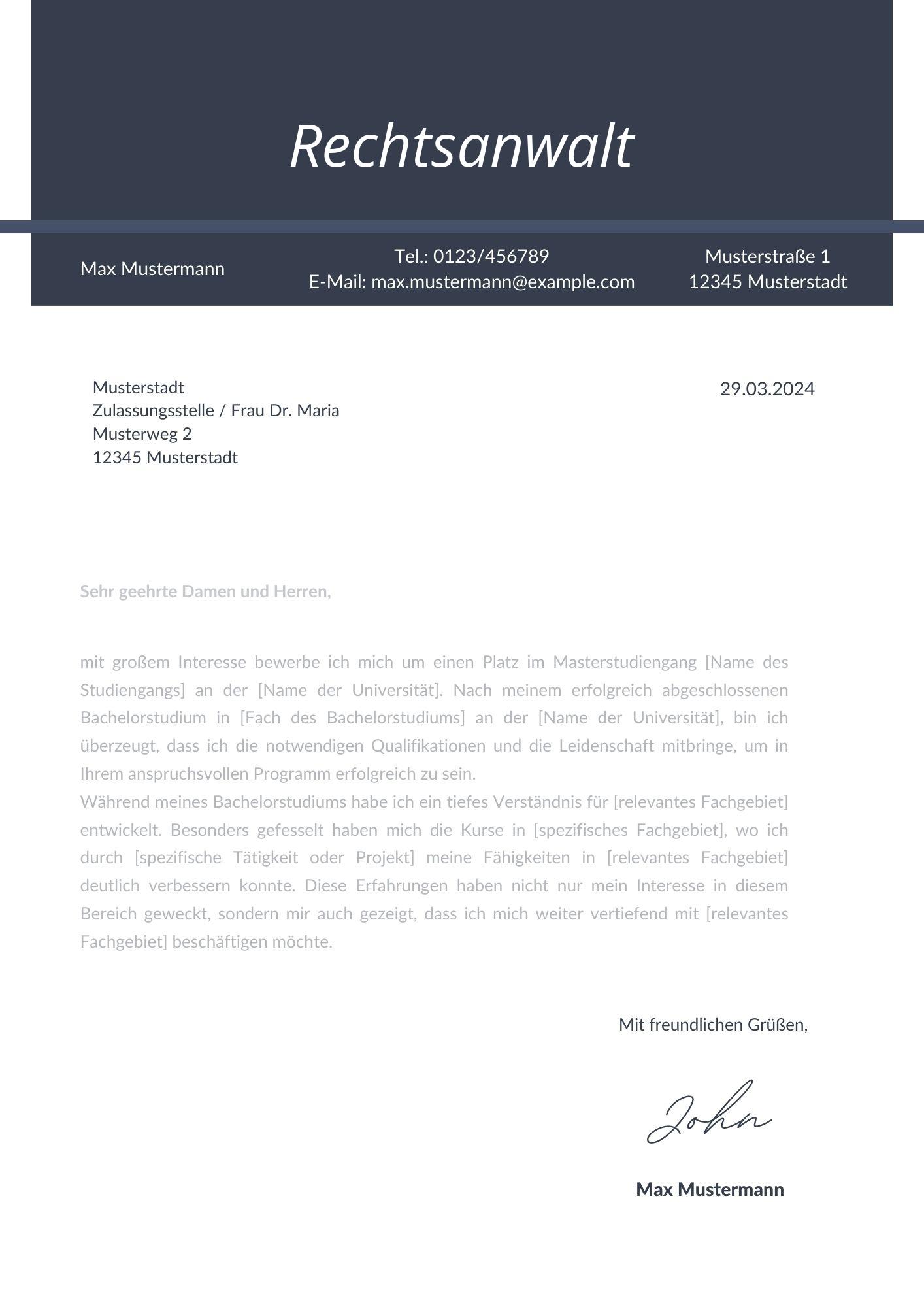 Motivationsschreiben Rechtsanwalt