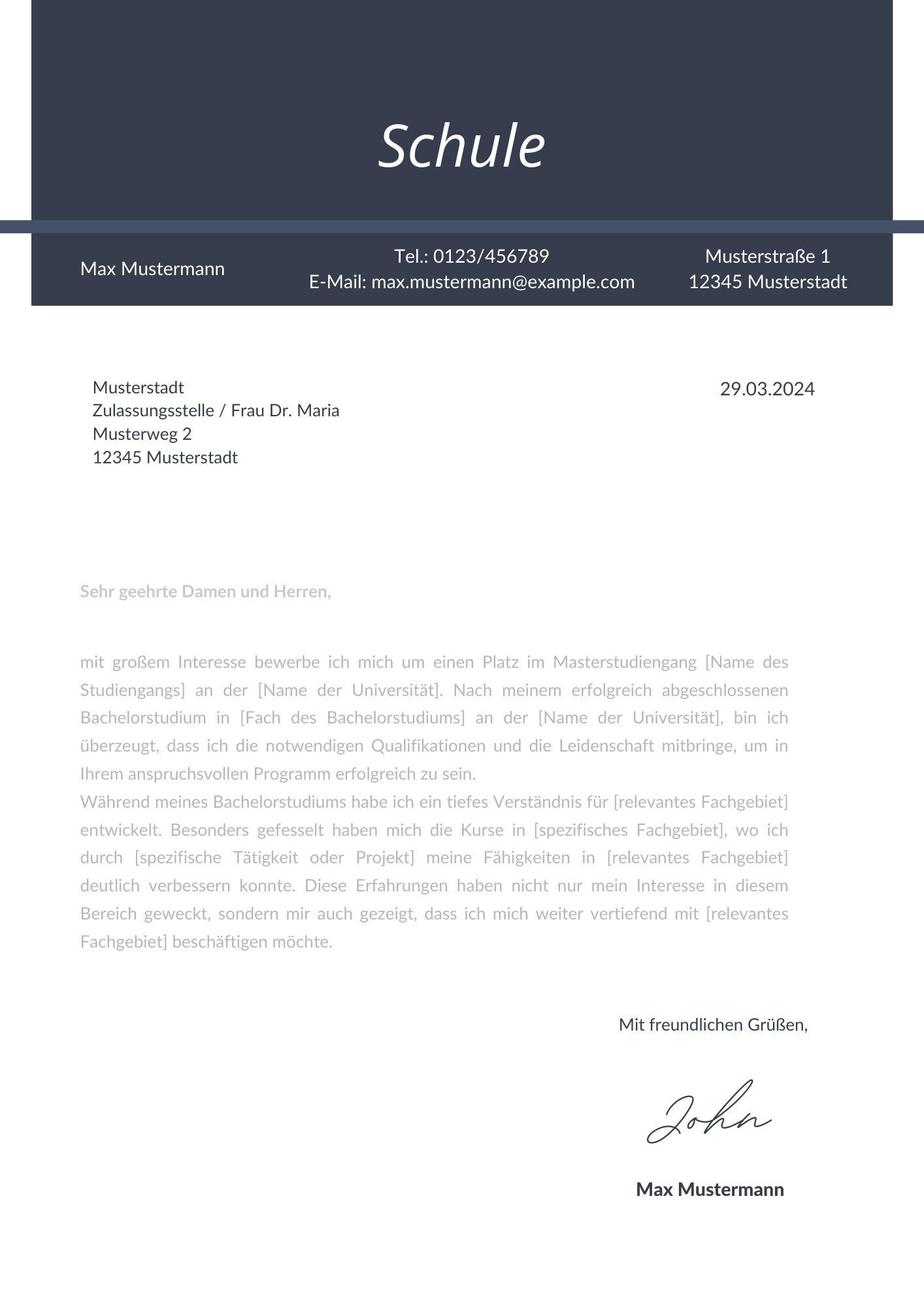 Motivationsschreiben Schule