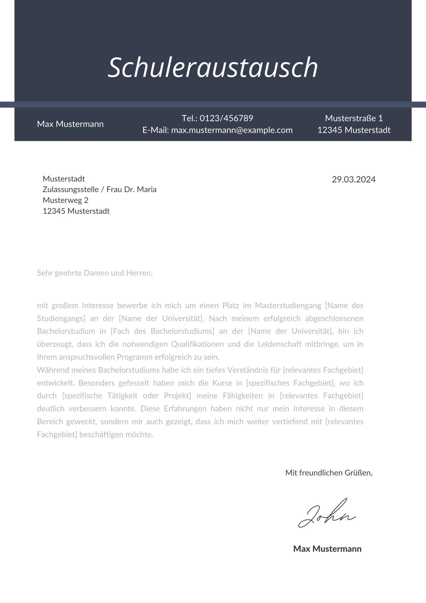 Motivationsschreiben Schüleraustausch
