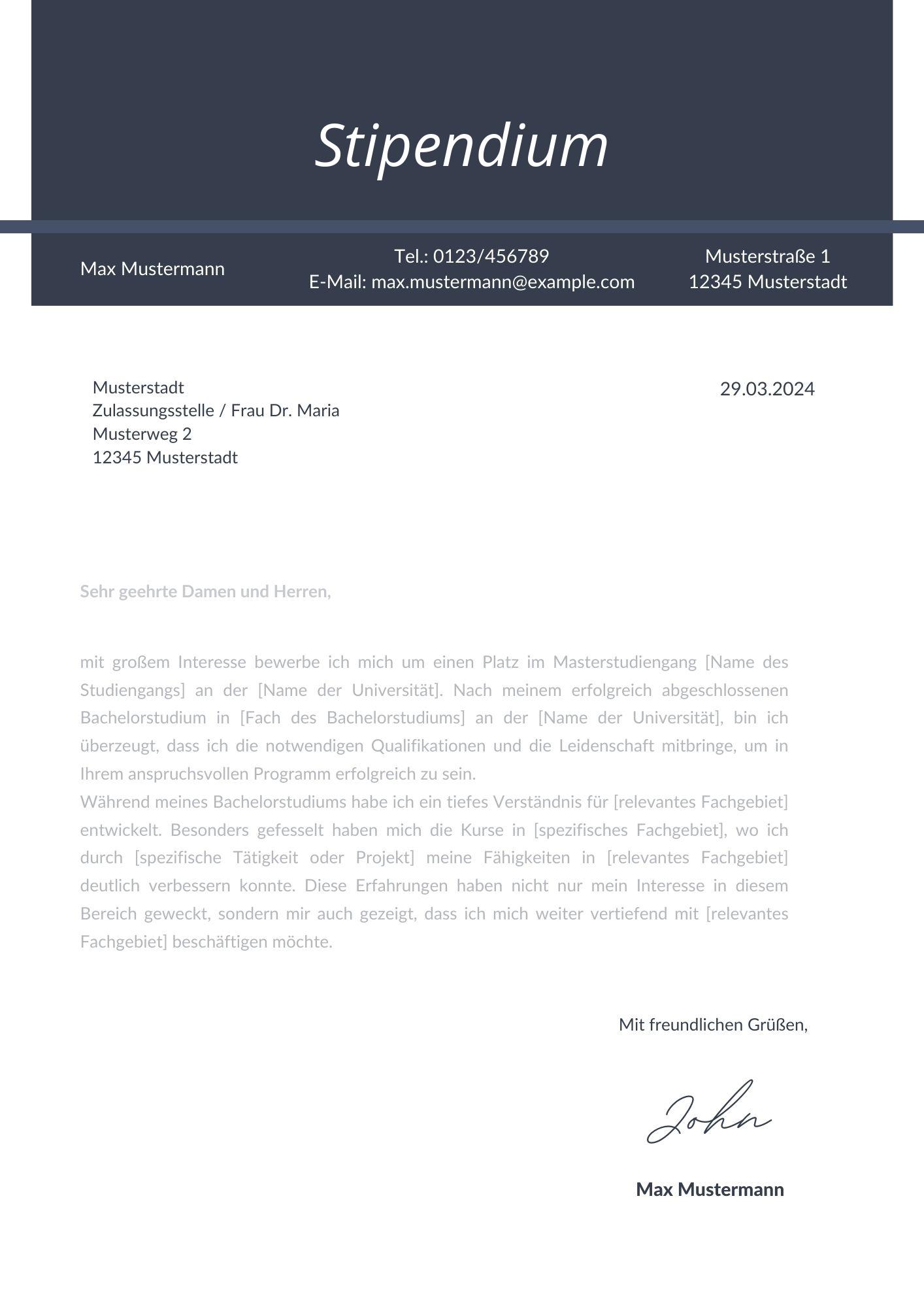 Motivationsschreiben Stipendium