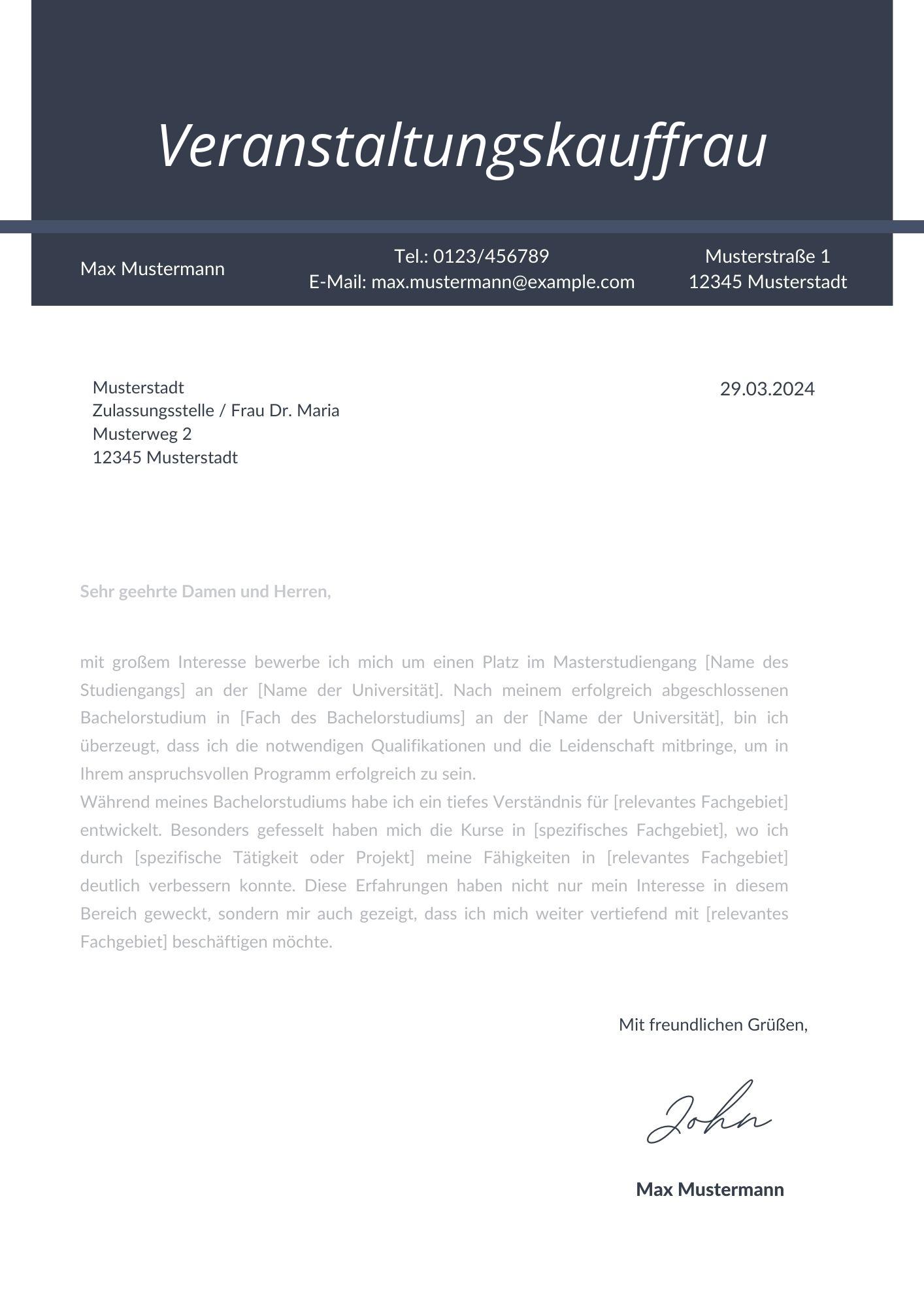 Motivationsschreiben Veranstaltungskauffrau