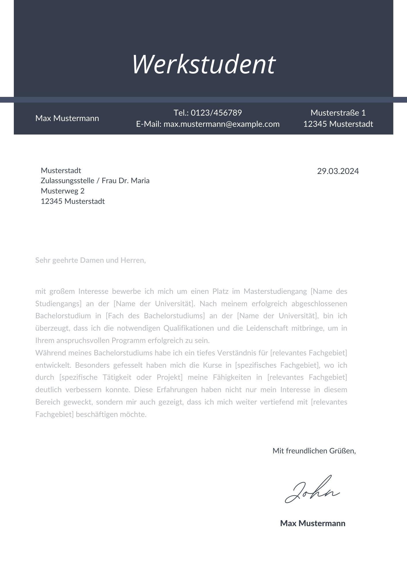 Motivationsschreiben Werkstudent