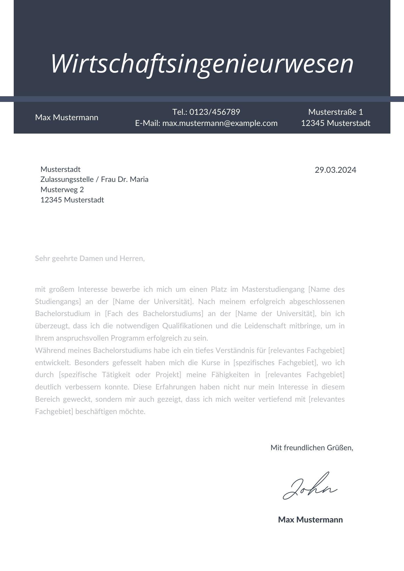 Motivationsschreiben Wirtschaftsingenieurwesen