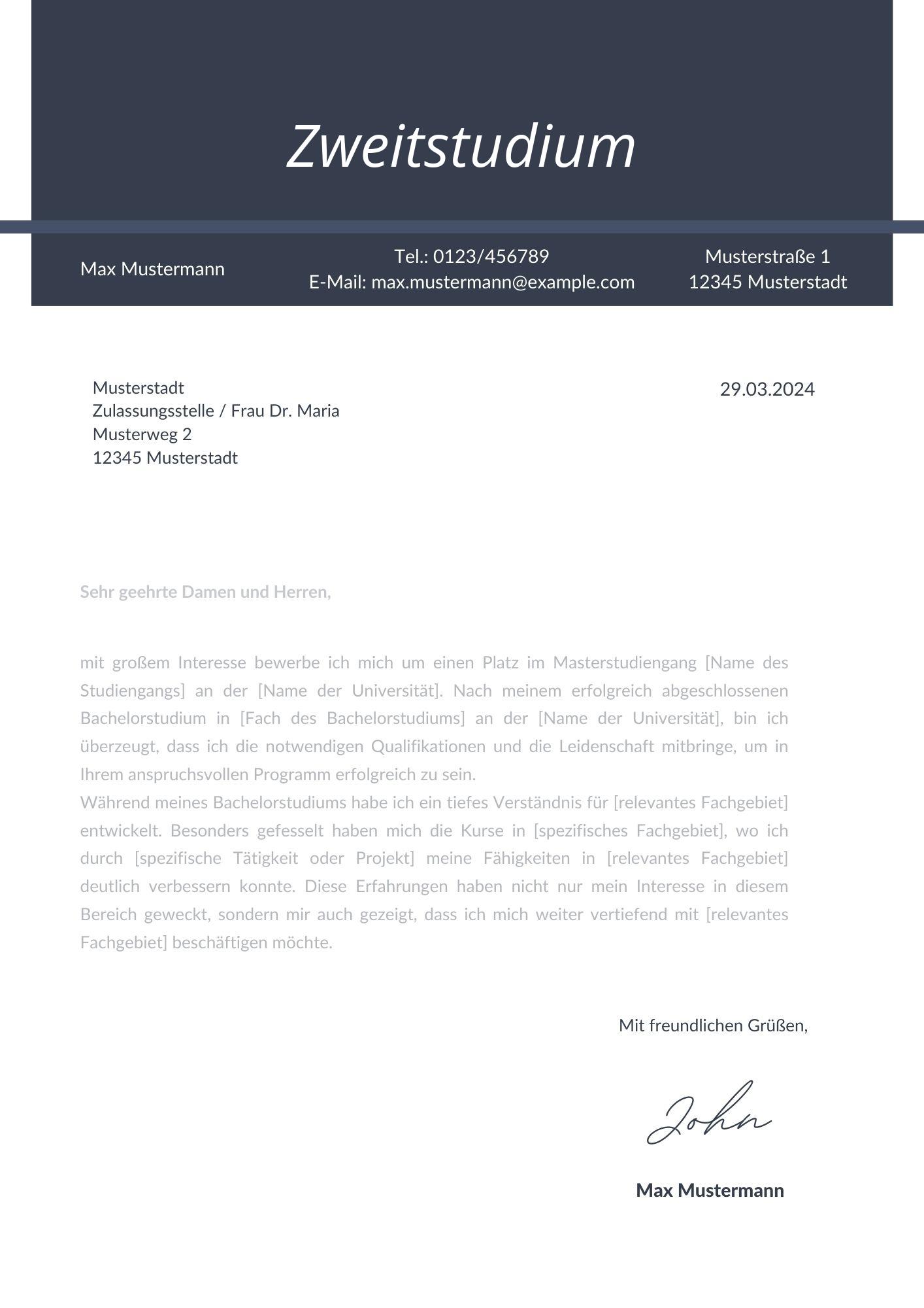 Motivationsschreiben Zweitstudium